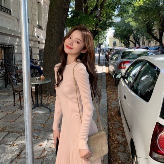 リブニットワンピース 長袖ミニワンピース カジュアルニットワンピース スカート ワンピース ニットソー セーター プルオーバー オールインワン ミニスカート フレアスカート ニットスカート ミニ