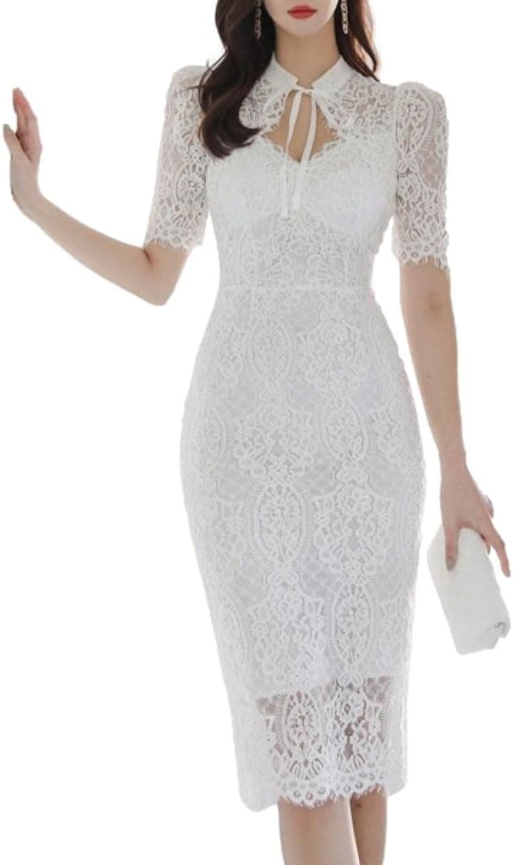 レース ワンピース リボン タイト ミディ クラブドレス ベアトップ 半袖 ウエストマーク スリット ボディコン レディース DO7( ホワイト, M)