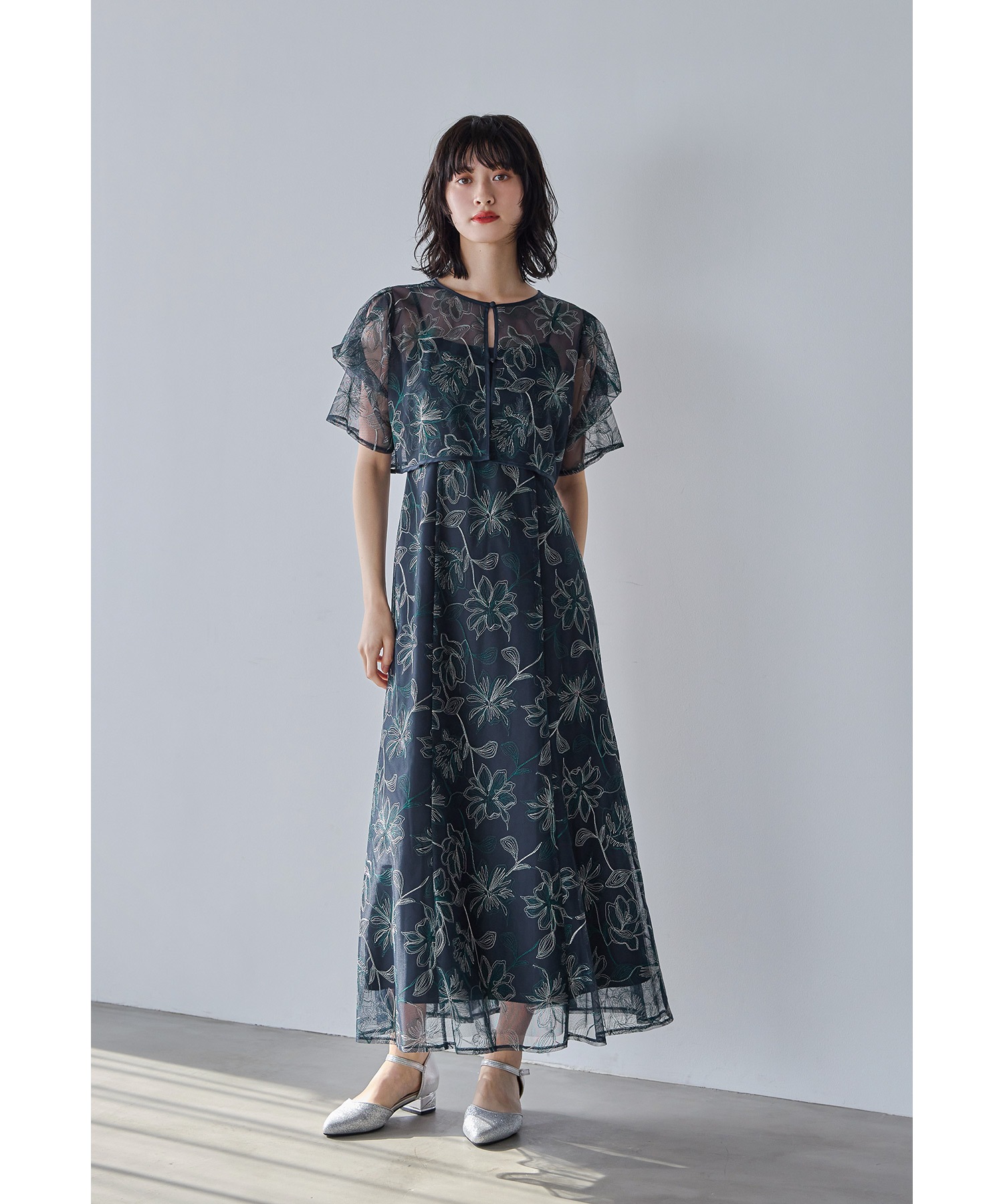 タックスリーブエンブロイダリードレス パーティードレス 結婚式 レース 花柄 キャミワンピース ボレロ 2点セット 袖あり 半袖 ロング丈 2way お呼ばれ パーティー 二次会 披露宴 謝恩会