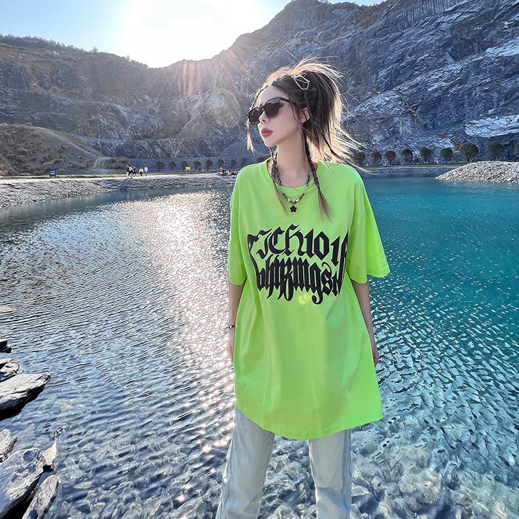 トップス Tシャツ プリント ストリート 半袖 ゆったり M L XL 2XL 夏 コットン ラウンドネック レギュラー丈 メンズ レディース 蛍光グリーン ネイビー 紺 ブルー 青 レッド 赤
