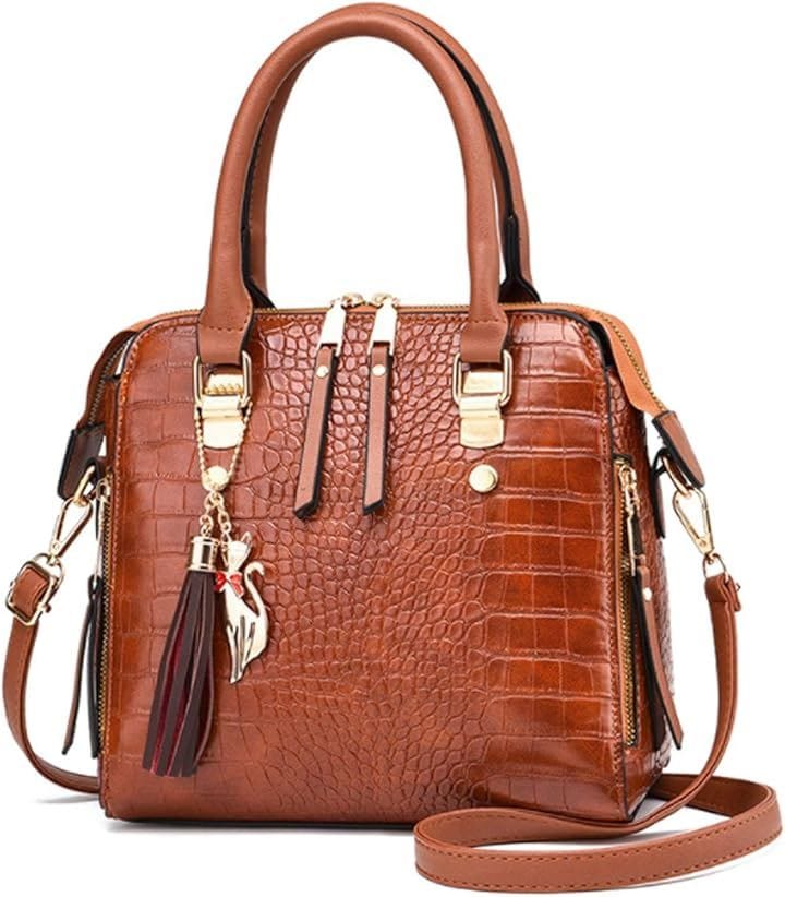 ショルダーバッグ ハンドバッグ 小さめ 2way ショルダーベルト付き 斜めがけ 肩掛け クロコ型押し PUレザー(ブラウン)