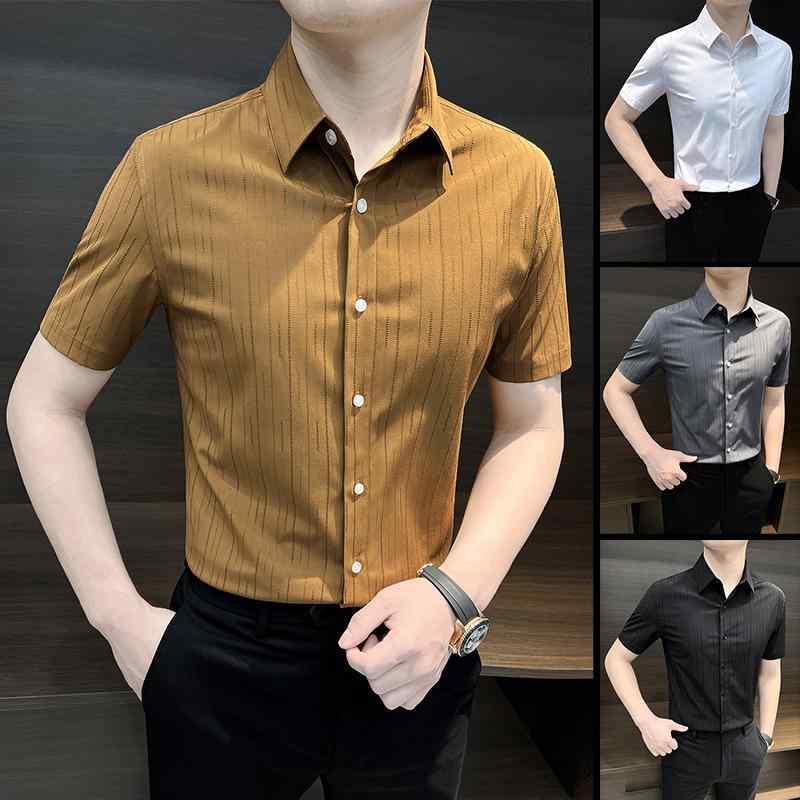 シャツ トップス メンズ おしゃれ スタイリッシュ 紳士 ストライプ 半袖 夏 ハイエンド ビジネス カジュアル スリムフィット ポリエステル 大きいサイズ 男性