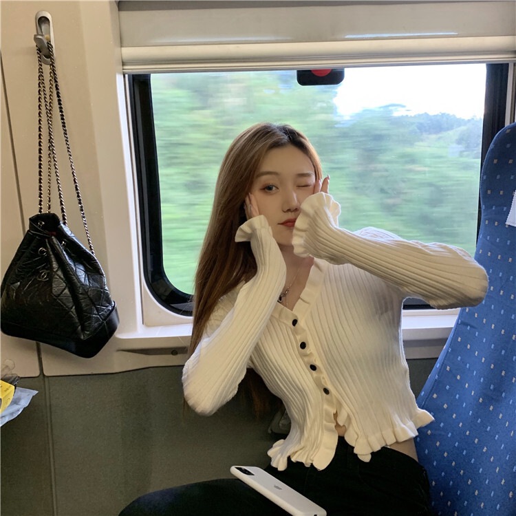 【送料無料】レディース 3カラー カーディガン ニット リブ フリル フレア袖 長袖