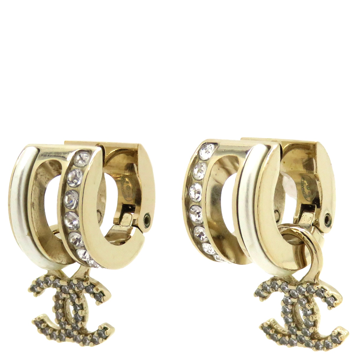 シャネル CHANEL ピアス ココマーク フープピアス メタル ラインストーン シャンパンゴールド CCマーク AB6747 B21B【中古】