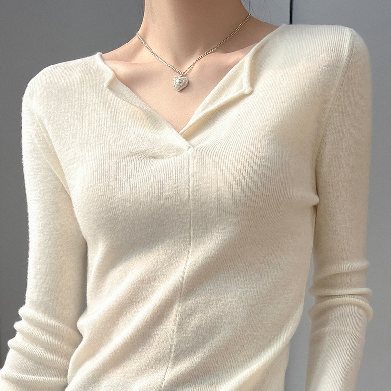 秋冬新作レディースニットウールセーターVネック無地長袖プルオーバーセータースリミングトップフィットベースレイヤー