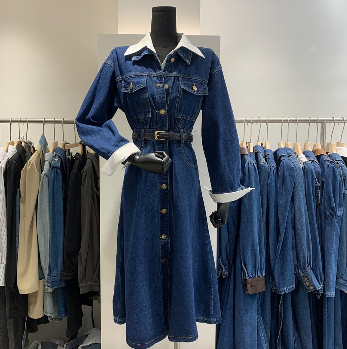 ワンピース 膝丈 ひざ丈 袖あり かわいい 大人可愛い きれいめ シンプル カジュアル 大人 上品 襟付き デニム 長袖 ウエストマーク レトロ ロング丈 ブルー 旅行 休日 ロングシーズン 韓国