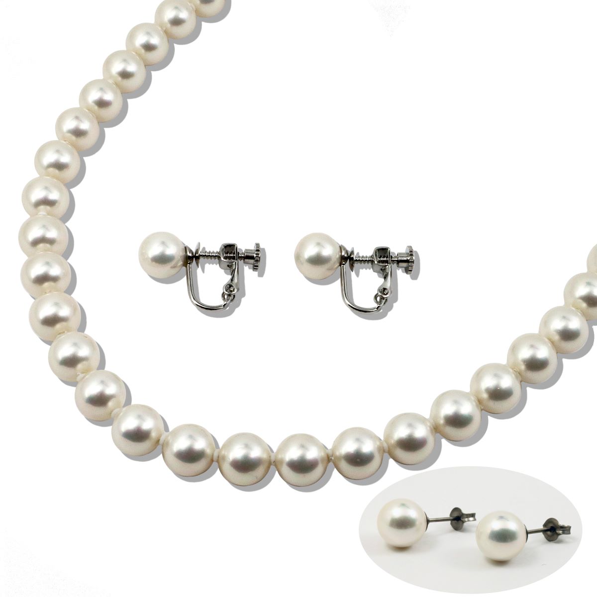 真珠ネックレス 花珠貝パールネックレスイヤリングセット ホワイトカラー10ミリ45センチイヤリング