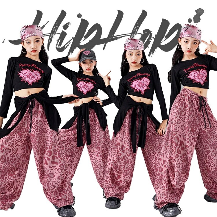 ヒョウ柄 子供服 キッズ ダンス衣装 女の子 ガールズ 長袖 ヒョウ柄ズボン へそ出し 長ズボン ダンスウェア 発表会 応援団 イベント ジュニア カッコイイ jazz K-POP オシャレ 普段着