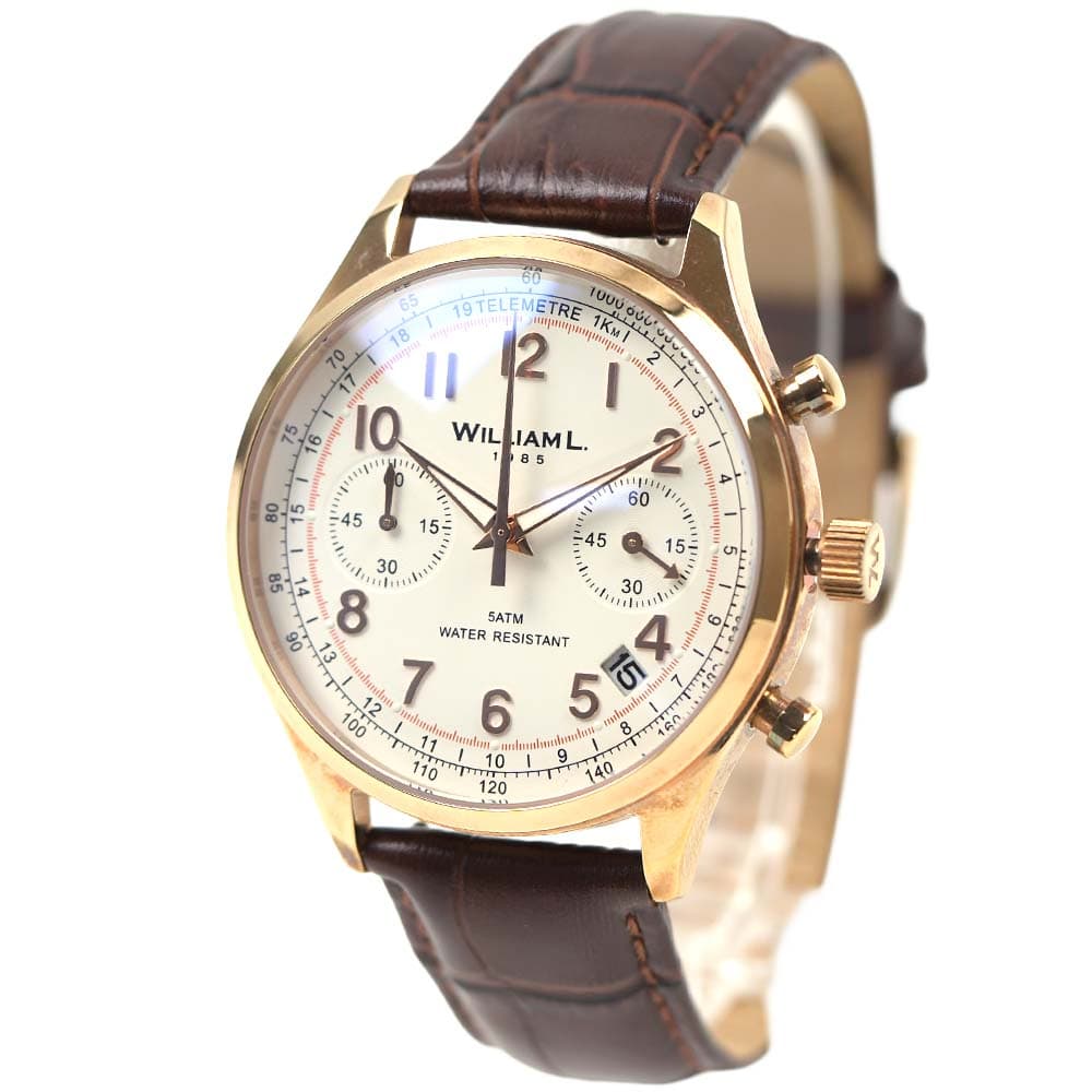 ウィリアム エル 1985 腕時計 メンズ ユニセックス クロノグラフ 日付カレンダー ダブルドーム型ミネラルガラス 日本製ムーブメント レザー 本革 クロコ型押し 蓄光 夜光 ローズゴールド ブラウ