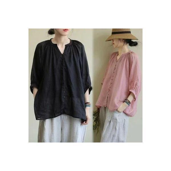 麻 リネン混 トップス レディース きれいめ カジュアル おしゃれ 薄手 カットソー シャツ ナチュラル 七分袖 涼しい Vネック リラックス 韓国 コーデ ブラウス