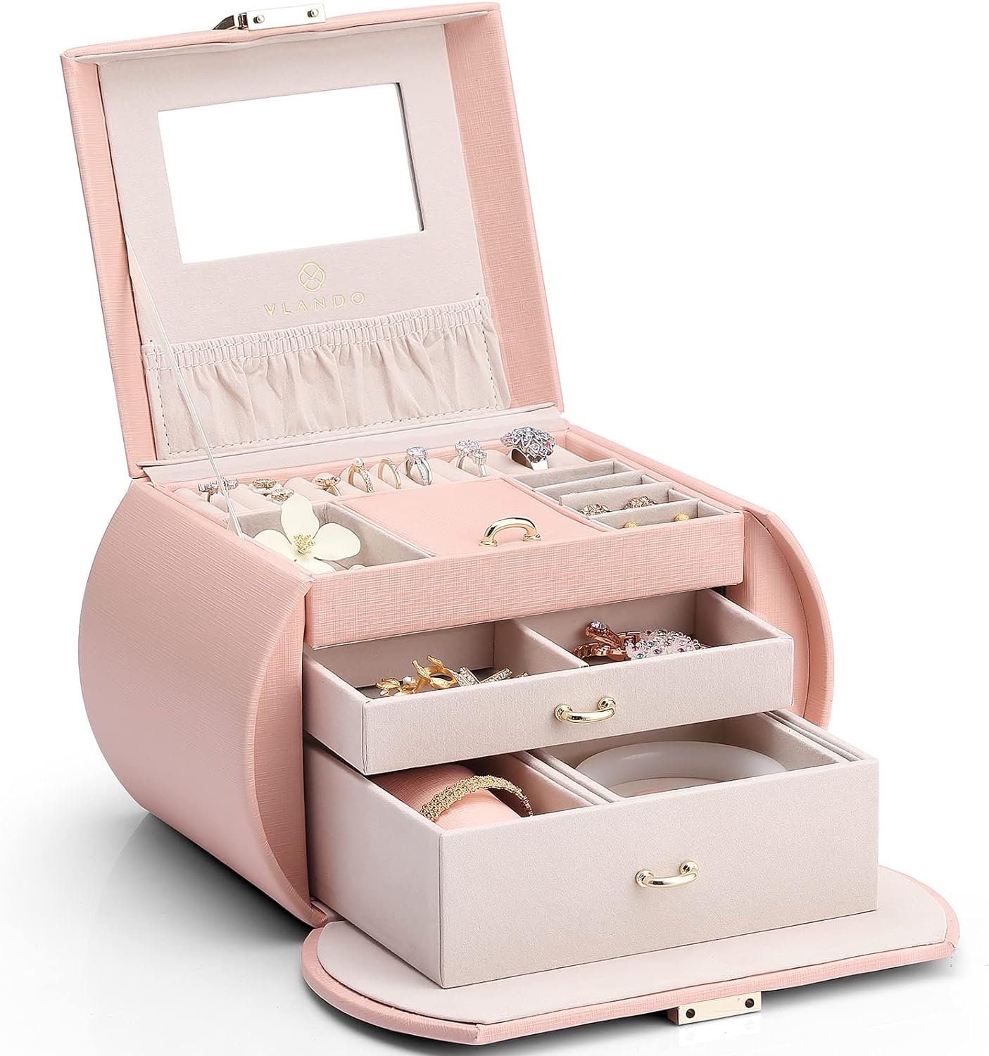 半円形の鏡付きジュエリーボックス ピアス ネックレス 指輪収納ケース ピンク