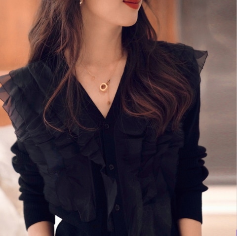 トップス カーディガン 長袖 Vネック レース フリル 前開き ニット かわいい 大人可愛い