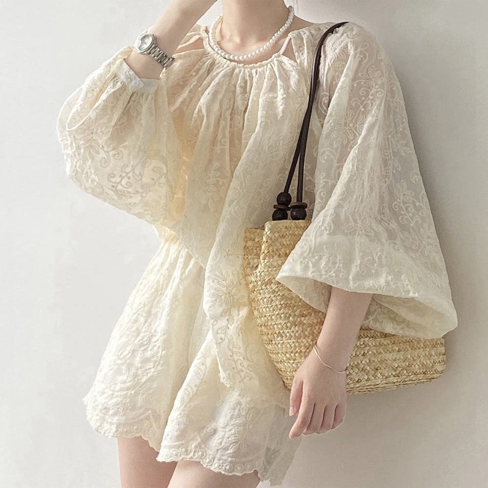 2件を15%値下げ レースセット 花柄レース 花柄刺繍 レディース 夏 夏服 セットアップ 上下セット 上下 パンツセット トップス シャツ 長袖 クルーネック ショートパンツ 体型カバー ゆったり