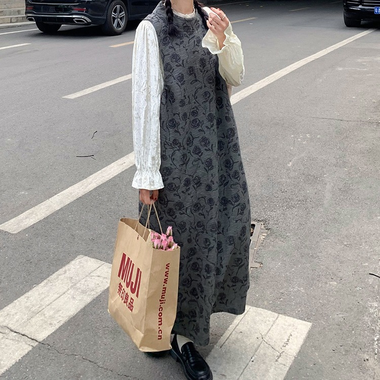 ノースリーブ花柄ジャンパースカート ロング レディース ラウンドネック Aライン カジュアル おしゃれ こなれ感 秋 冬 お出かけ 休日 ショッピング カフェ 楽ちん 体型カバー 普段使い S M L