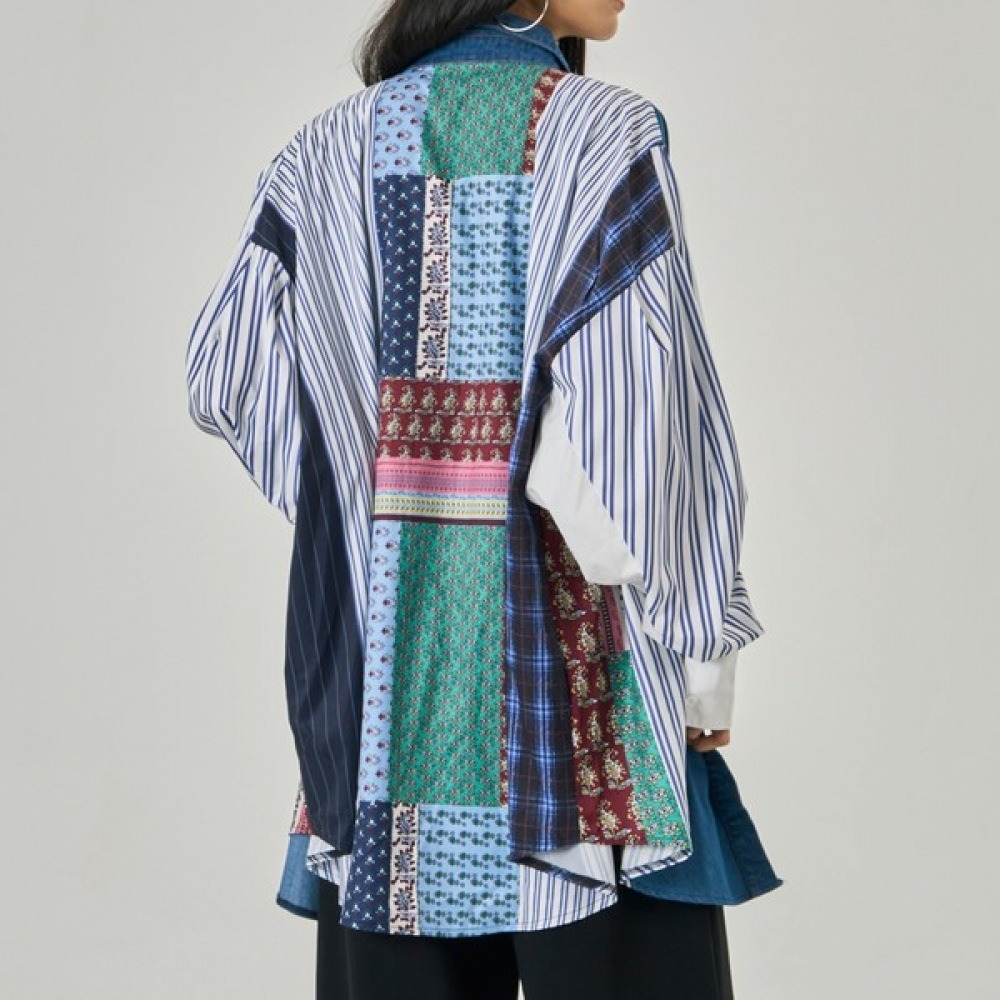 (UNIKE) オーバーフィットビンテージブルーデニムスリーブストライプシャツ