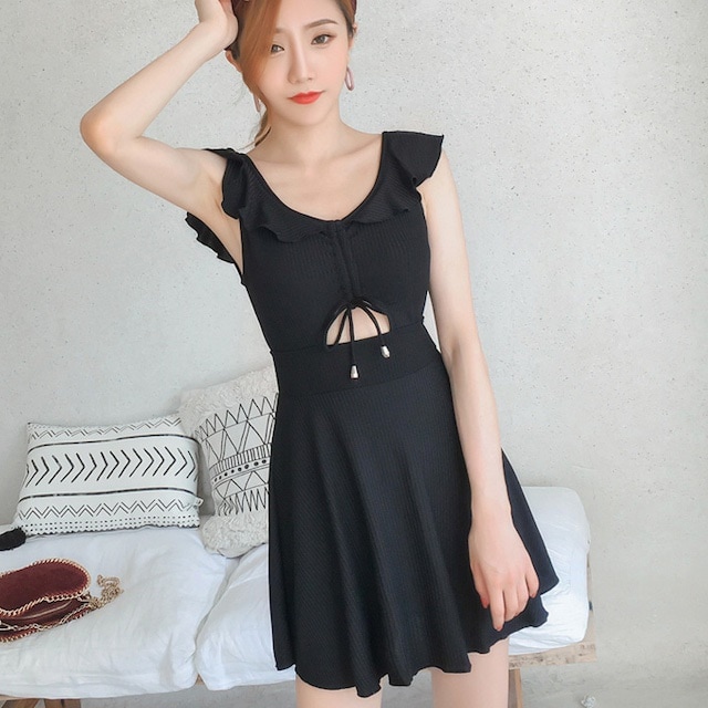 水着 ワンピース 体型カバー レディース 大きいサイズ フリル セクシー リボン 無地 黒 リゾート ビーチ