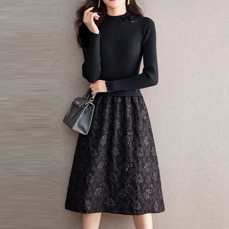 【女性大人気】 骨格ナチュラル ハイウエスト プルオーバー ハーフネック 伸縮性あり 切り替え ラメ入り ニットワンピース レディース