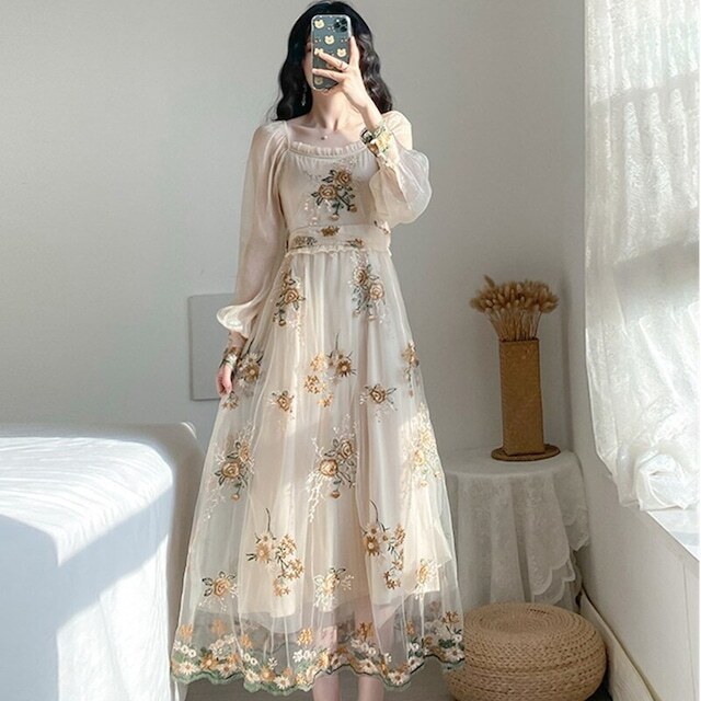 レディース ヴィンテージ フェアリー ワンピース ドレス 刺繍 レイヤード風 チュールレース ハイウエスト フォーマル 大人可愛い ママコーデ ママファッション 韓国系 オルチャン 人気 トレンド 新