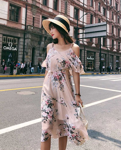 Qoo10 大人の花柄オフショルワンピース409 レディース服