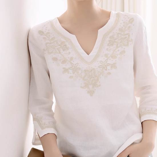 リネンシャツ トップス シャツ ブラウス プルオーバー 袖あり 7分袖 七分袖 Vネック 襟なし スリット サイドスリット 透け感 薄手 きれいめ 大人 上品 おしゃれ お洒落 かっこいい アジアン