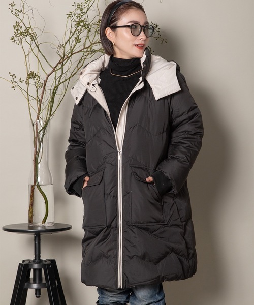 ダウン ダウンジャケット 「2WAY/フード脱着可」バイカラー フードダウンコート レディース