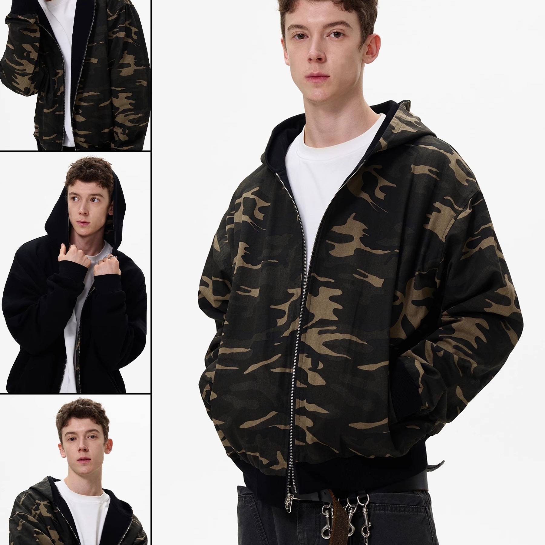 トレンディアメリカンジャケット迷彩リバーシブルカーディガンフード付きスウェットシャツメンズレトロルーズカジュアルカップルジャケット