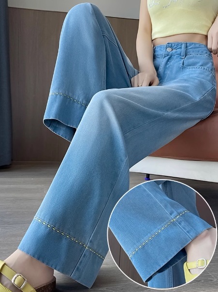 ライトブルーシルクワイドレッグジーンズ女性用2025年秋刺繍デザイン小さめサイズゆったりカバー肌触りの良いアイスシルク318