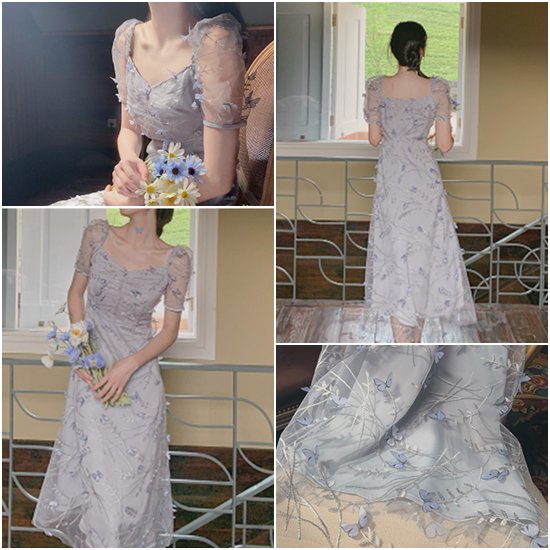 【取寄：納期2週間】結婚式ドレス ロングドレス 半袖 ハイウエスト Vネック パフスリーブ メッシュスカート パーティードレス 刺繍ワンピース レディースワンピース 蝶柄 シースルー 上品