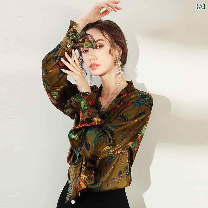レディース シャツ ブラウス 夏 トップス 長袖 Vネック リボンタイ レトロプリント フリル おしゃれ クール かっこいい モダン カジュアルオフィス 通勤