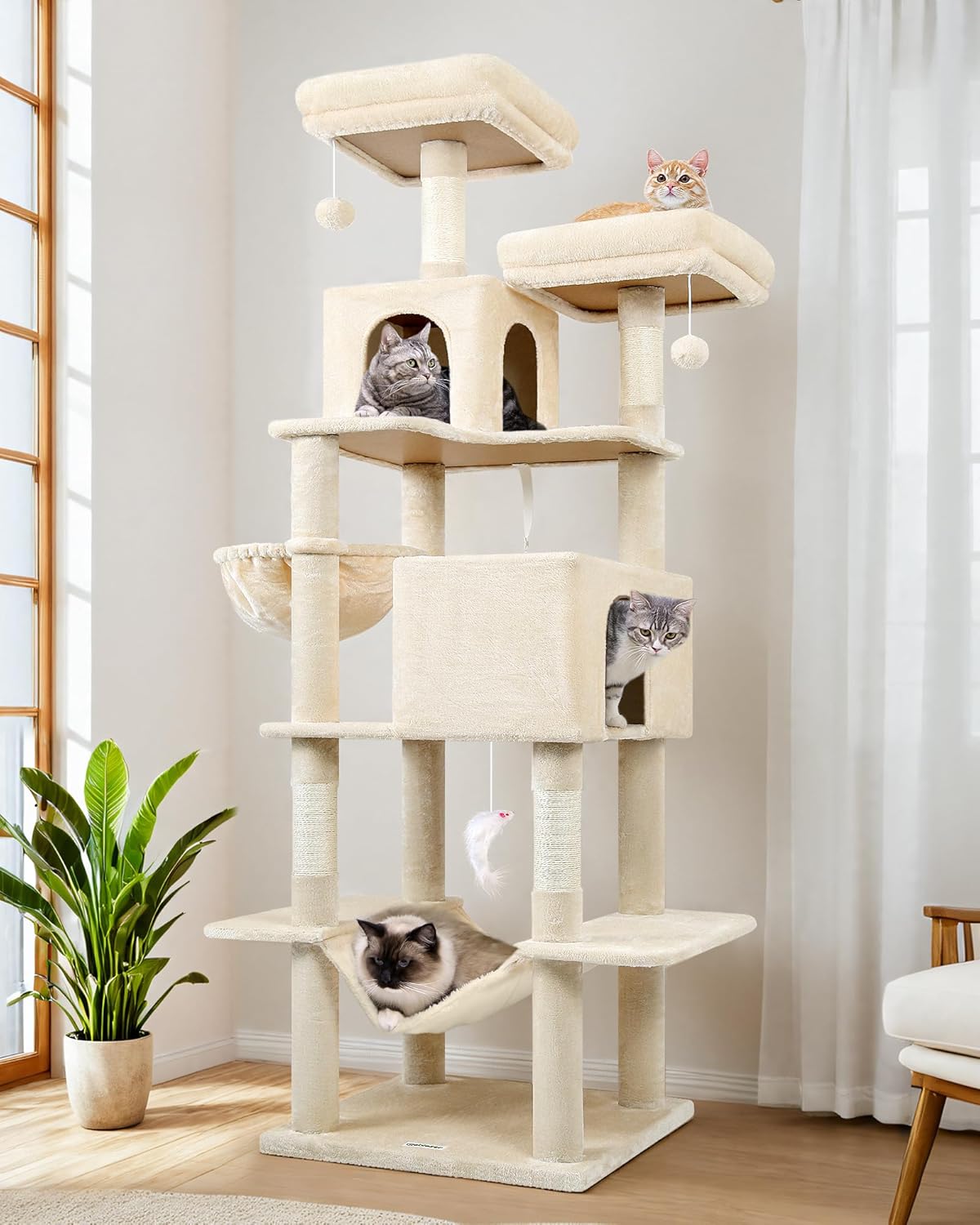 Globlazer キャットタワー 猫タワー 大型猫用 おしゃれ 多頭飼い 高級 猫ハウス 猫家具 据え置き型 広いベッド ハウス 隠れ家 大型見おろし展望台 ハンモック おもちゃ 爪とぎポール