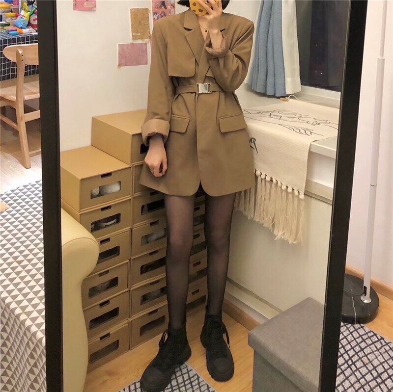 アウター ジャケット レディース 春 きれいめ 軽い ブレザー 長袖 襟付き BIGシルエット ベルト ウエストマーク 前開き 茶色 ブラウン 大人カラー ベイクドカラー ジャスト ワンサイズ かわい