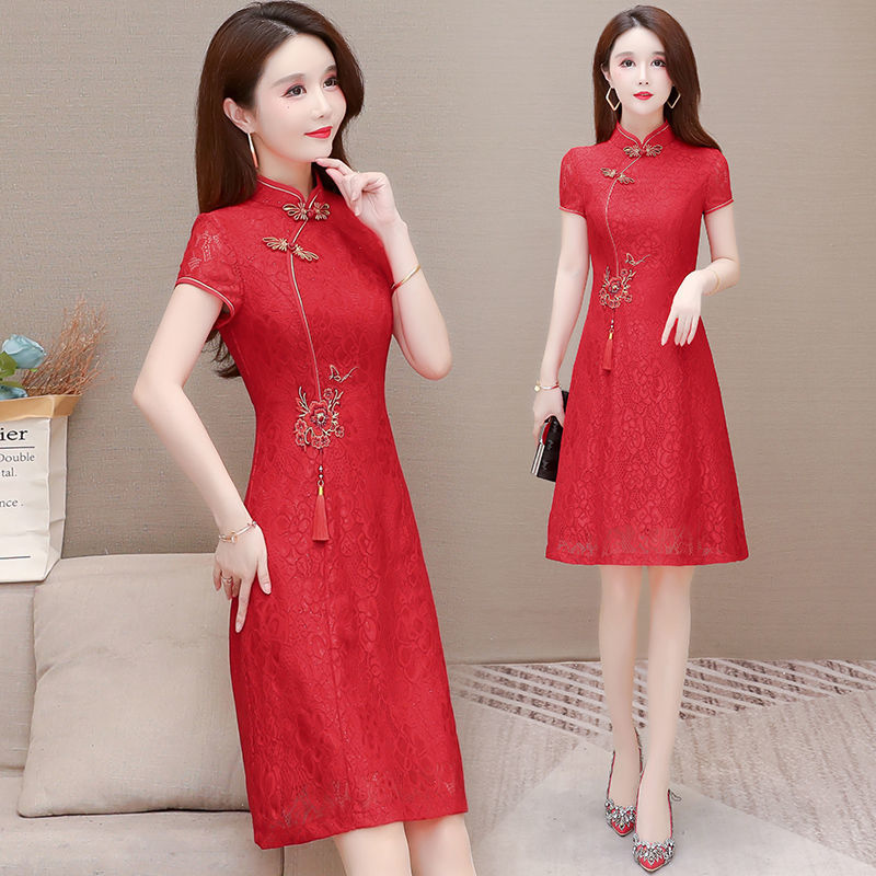 おばあちゃんの赤いレースの改良されたチャイナ ドレスの女性の夏 22 韓国語版は薄くて中間の長さのマザー ドレスです