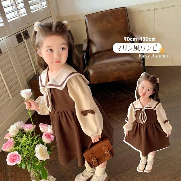 子供服 女子 ワンピース 長袖 マリン風 襟付き キッズ ドレス 春 秋 リボン 切り替え セーラー襟 森ガール コットン かわいい おしゃれ 誕生日 お姫様 お出かけ ギフト QZ13