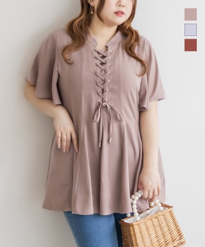 大きいサイズ レディース LL 3L 4L XL XXL XXXL CLETTEオリジナルレースアップフレアブラウス