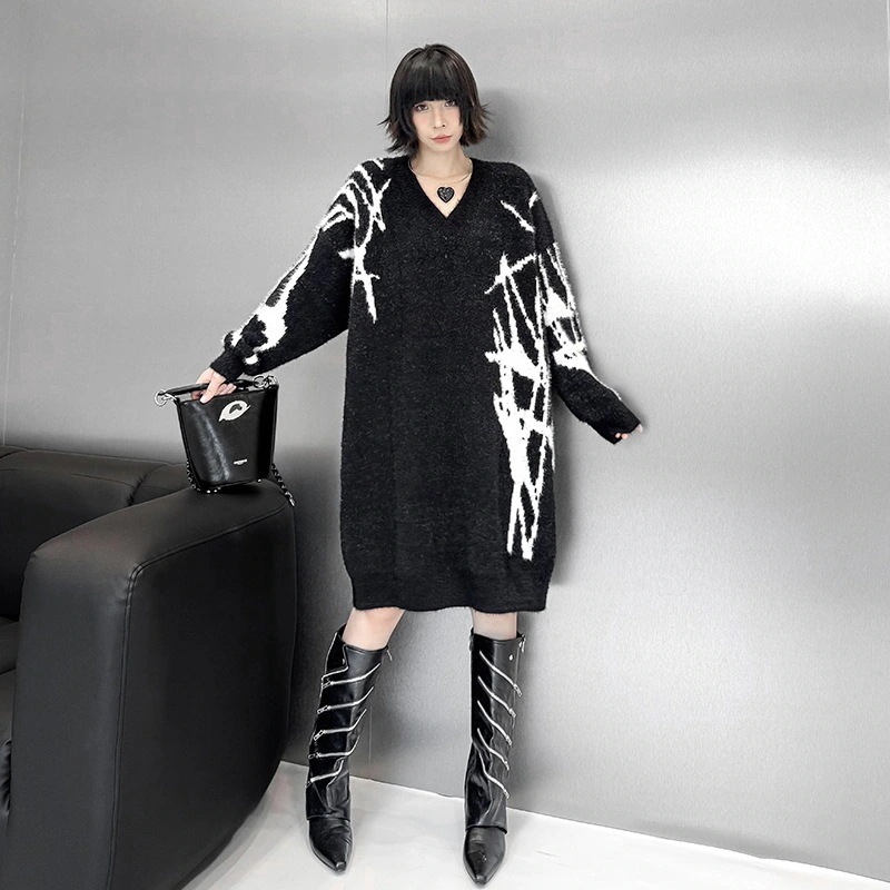 ロングニット おしゃれ ニットワンピース vネック レディース セーター 関連商品購入可能 メガ割