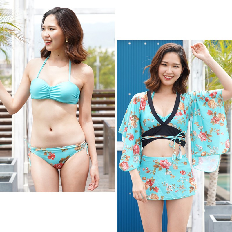 水着 レディース PixyParty S-XL 花魁 ゆかた ビキニ 4点セット 5色 花柄 浴衣 着物 和柄 swim-5076 緑 L 即納 黒 ブルー ピンク 白
