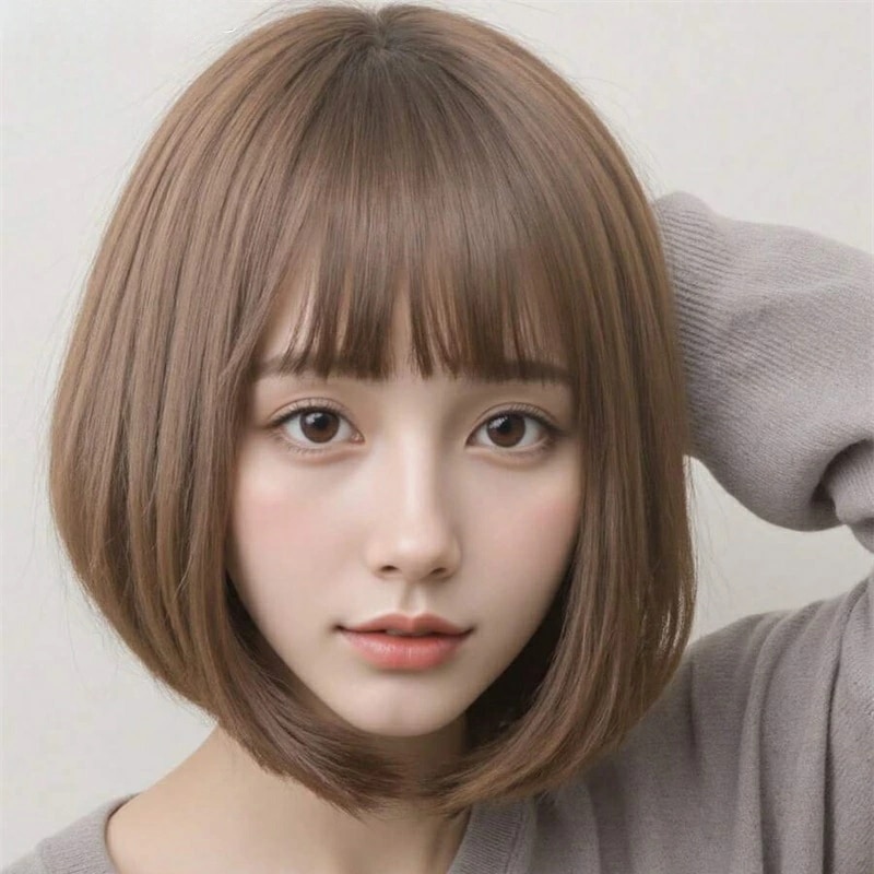 ファッションウィッグ カラメルトップスボブゴールドベージュブラウンツートンカラー裏カラーダークアッシュ前髪あり30cm/12inヤキストレートレイヤード高密度150%耐熱合成髪女性用初心者向け着脱簡単