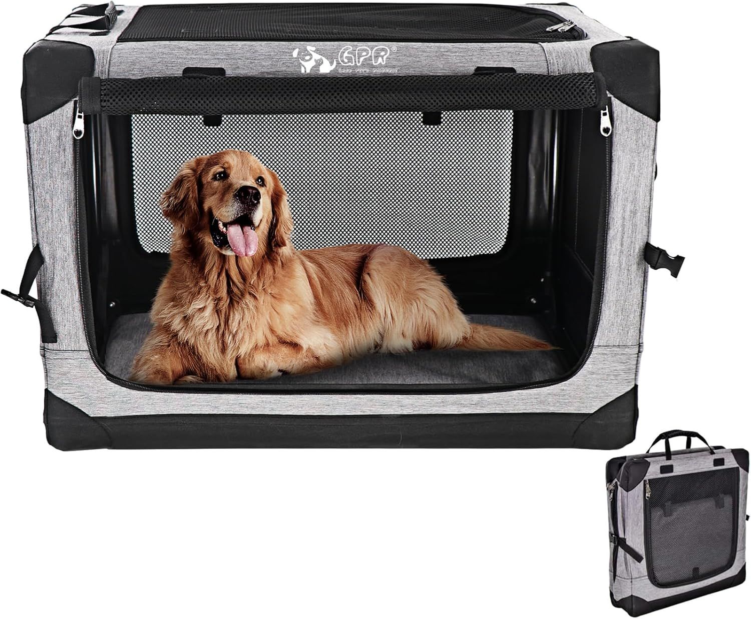 ペット ソフトクレート ケージ ペットキャリー ペットハウス カバー取り外せる 4面メッシュ出入口 鉄フレーム 猫犬兼用 折りたたみ式 洗濯可能 (シルバグレー XL)