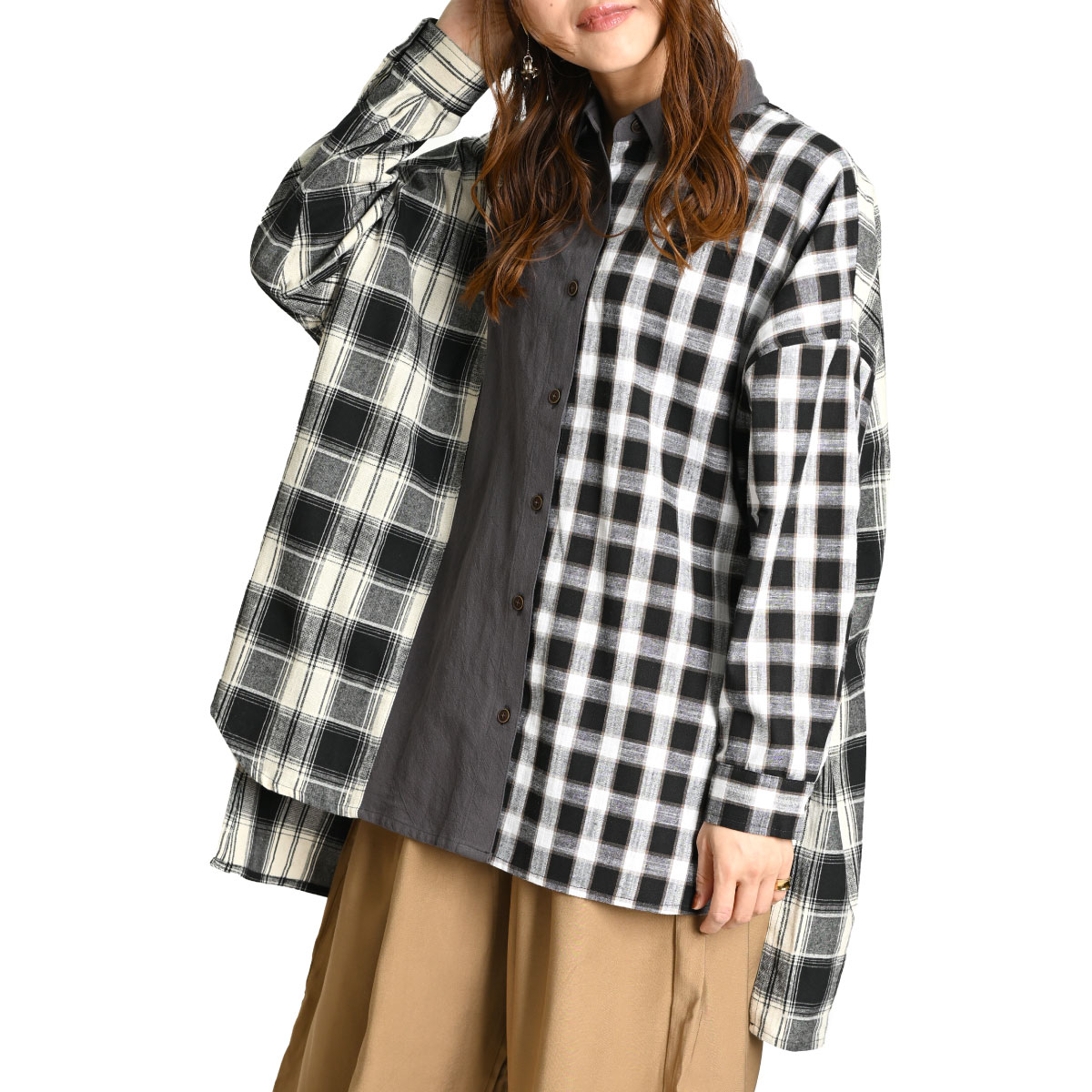チェック シャツ レディース 春 チェック柄シャツ チェックシャツ トップス 長袖 チェック柄 総柄 大きいサイズ オーバーサイズ ネルシャツ 長袖シャツ 柄シャツ アシンメトリー 襟付き 羽織 個性