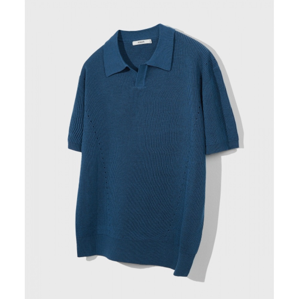 KIIMUIR ダブルエクセレントオープンカラーハーフニット_ブルー 11,022円