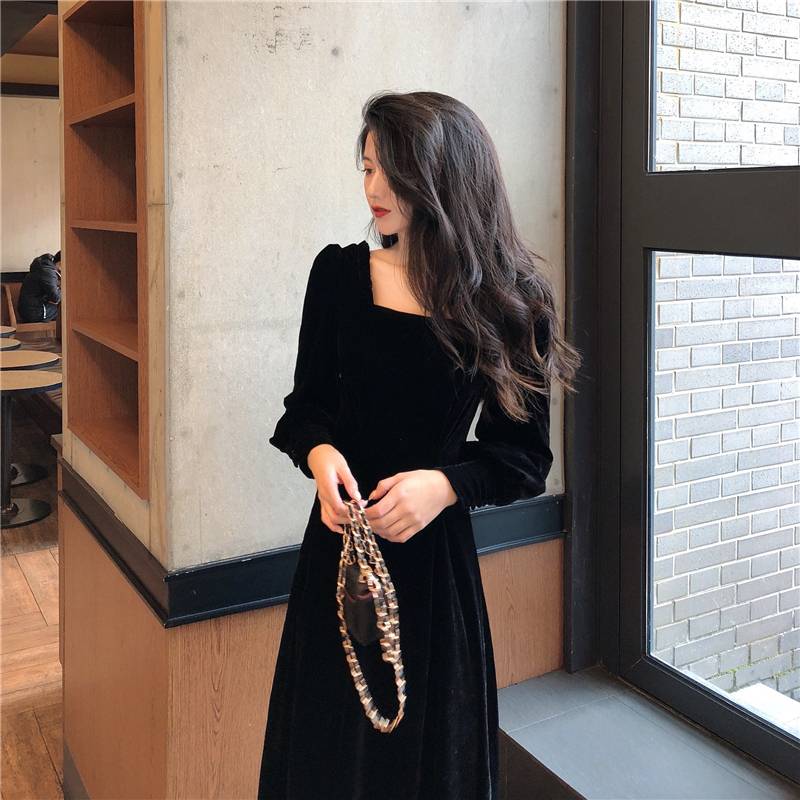 スクエアネック ワンピース レディース 2色 長袖 ミモレ丈 ロングカフス フリル タック ベロア ベルベット レース パフスリーブ ドレス ロング丈 アワーグラスライン 秋 冬 S 春