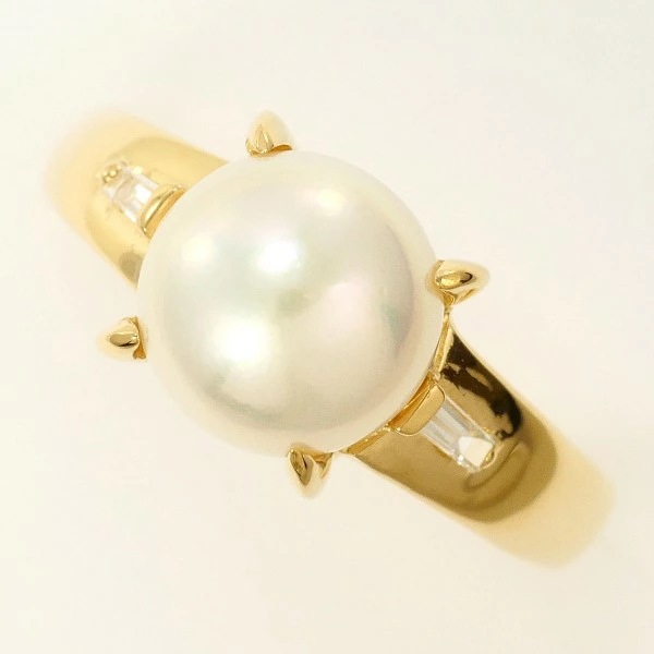 K18 18金 YG リング 11号 パール(真珠) 約8mm ダイヤ 0.06 中古