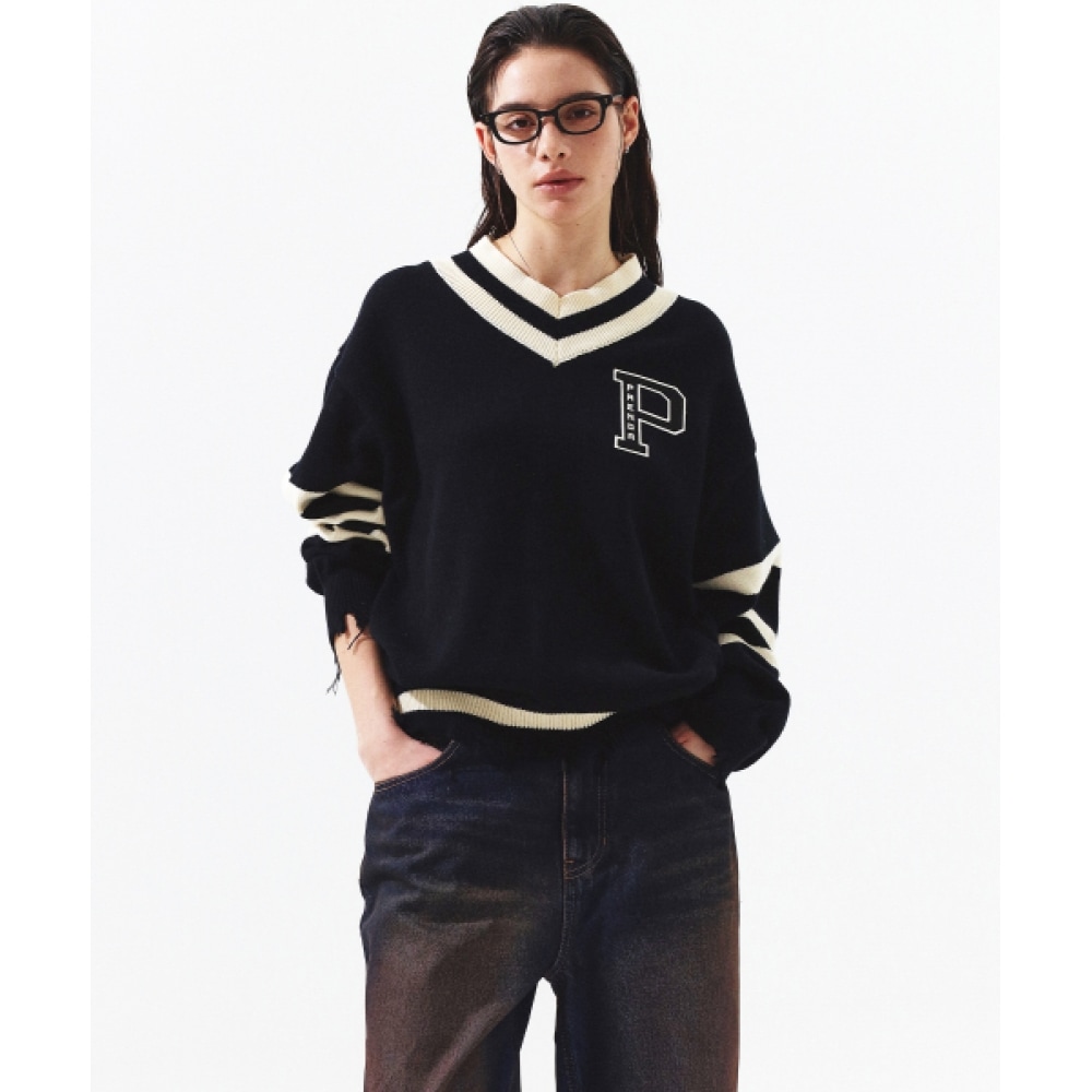 プレンダプラダ Vネックダメージニットブラックアイボリー