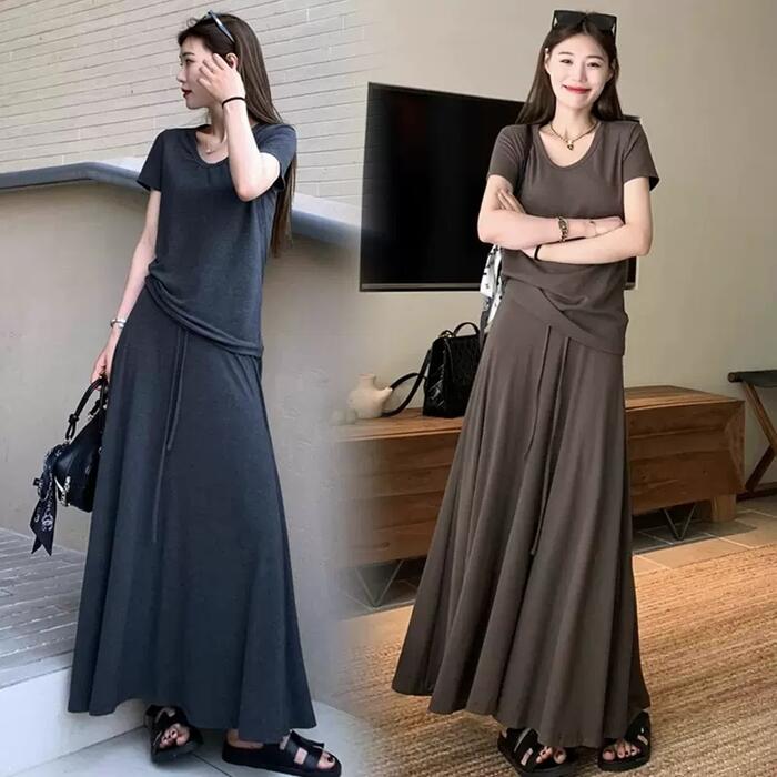 セットアップ レディース Tシャツ ロングスカート おしゃれ ツーピース カットソー フレアスカート ２点セット 半袖 きれいめ カジュアル リラックス 大人 可愛い 楽ちん 体型カバー ブラウン グ