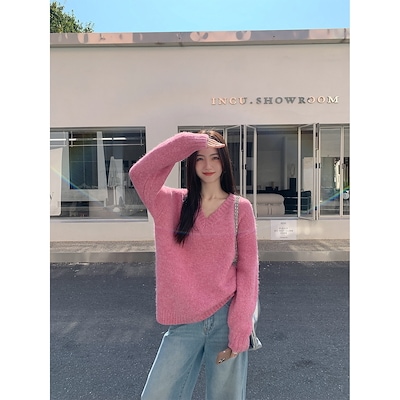 マルバングレープレミアムVネックセーターレディース秋冬レイジールーズ多用途プルオーバーニットトップス