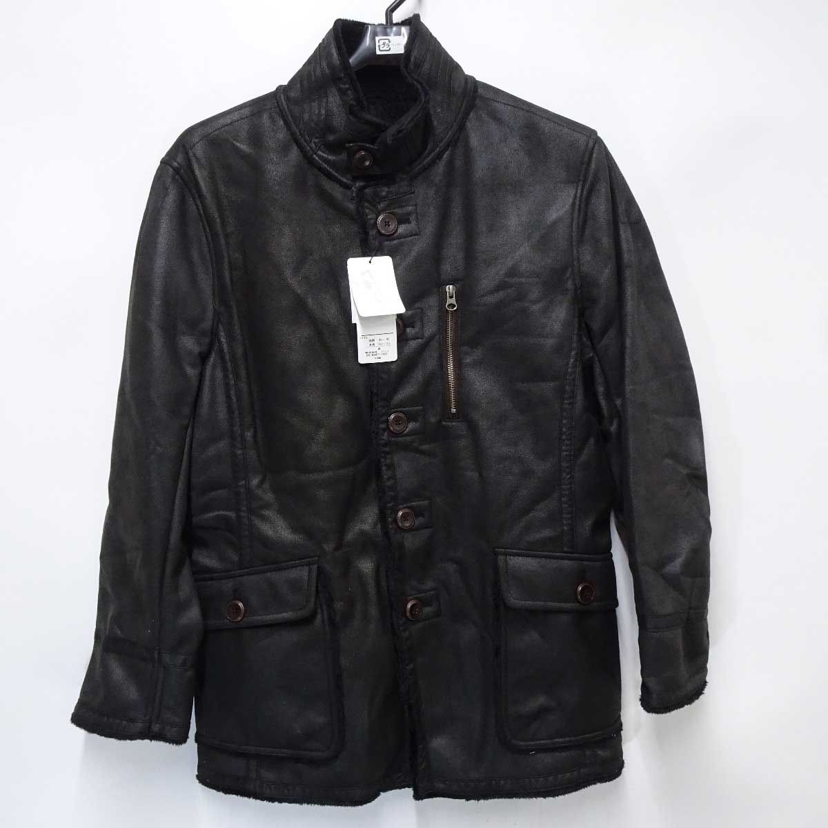 【中古未使用品】 軽量ソフト起毛 フェイクレザー ムートンジャケット ブルゾン 裏ボア 14038 ブラック 430407