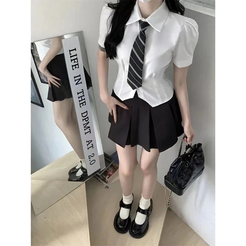 セットアップ制服 夏の新作は白い半袖シャツ+ネクタイ+プリーツスカートjk制服レディースの3点セット 涼しく楽ちんセットアップ
