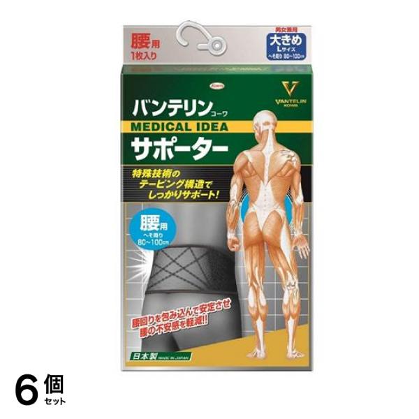 バンテリンコーワサポーター 腰用 男女兼用 大きめLサイズ 1枚入 (ブラック) 6個セット