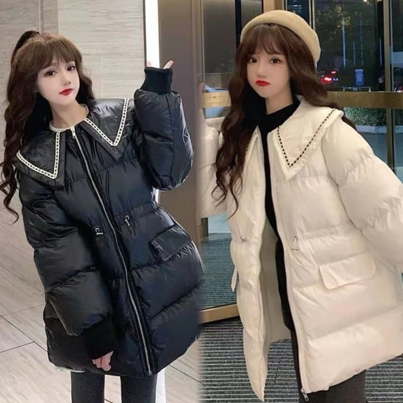 冬新作 可愛い ベビー襟 中綿コート レディース 韓国ファッション ウエスト引き締め 着やせ 海軍領セミロング ダウンジャケット百掛け 通勤 学生 冬アウター 暖かい 防寒 裏起毛