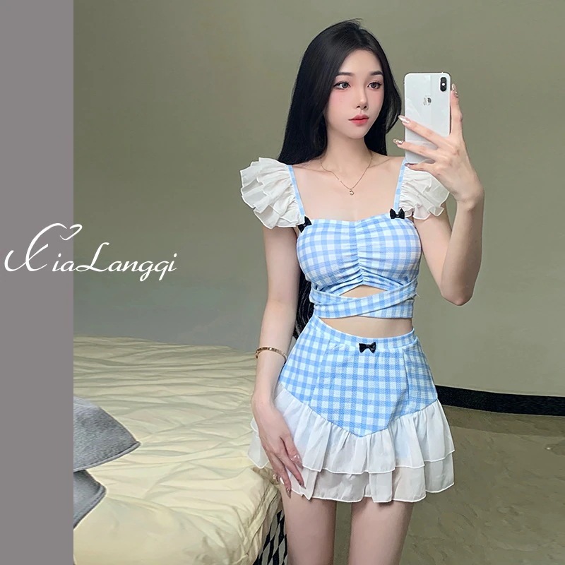 水着 女性 2024 和風 かわいい チェック柄 スプリットスカート スタイル 小さめ 爽やか コンサバ 学生 温泉 水着